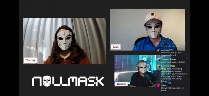 A trio of streamers—Alan, Tomas, and Benjamin—appear on a video call wearing matching alien-style masks, with the "NULLMASK" logo displayed prominently below. A live chat sidebar shows reactions from viewers as the host announces the launch of "privacy perps" on the NullMask platform, combining Hyperliquid and Zcash for private perpetual trading in Q4.