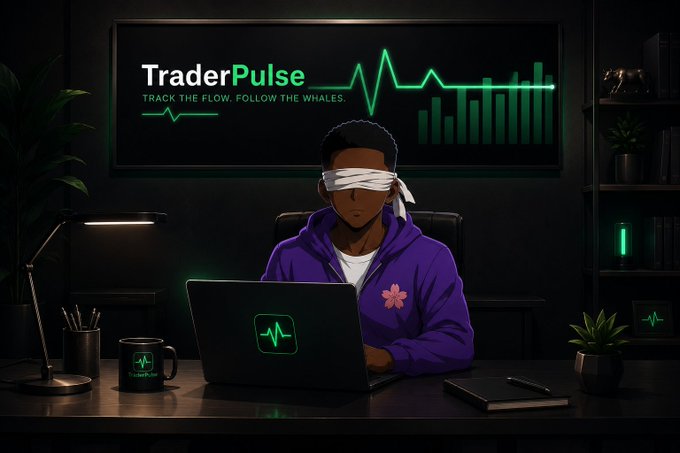 A digital illustration of a young person wearing a purple hoodie and a blindfold, working on a laptop in a dark room with a large monitor displaying 'TraderPulse' and a heartbeat-style line graph.
