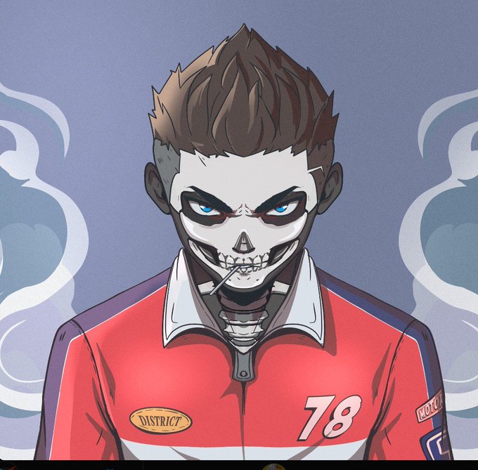 An illustration of a young man with a skull-like face, spiky brown hair, glowing blue eyes, and a cigarette dangling from his teeth, wearing a red racing-style shirt with "DISTRICT," "78," and "MOTUL" patches against a smoky purple background.