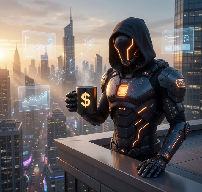 A futuristic armored figure in a black and orange high-tech suit with glowing visor stands on a rooftop overlooking a sunset cityscape, holding a mug with a dollar sign amid floating holographic charts.