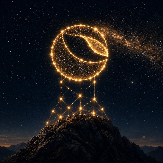 A glowing golden sphere made of starlight sits atop a rocky mountain peak against a starry night sky, supported by a geometric structure of illuminated lines and points.