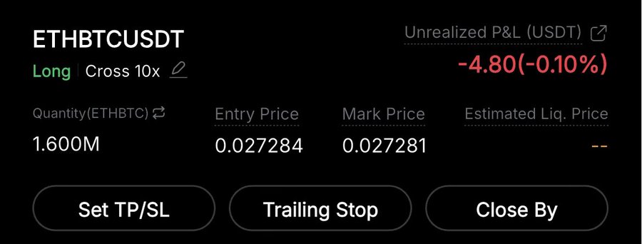 The image features a table with several columns labeled "Cross price", "Long", and "Short" along with values such as 0.8, -0.9, 1.0, and -1.0. This table seems to be analyzing the cross price of Bitcoin in different trading strategies, specifically for long and short positions. The post being shown emphasizes these trade analysis results and forecasts higher levels of BTC in the near future. It also mentions that "ETHBTC is looking at us."