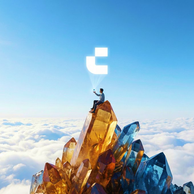 A person sits atop a towering cluster of golden and blue crystal peaks above the clouds, holding up a glowing letter "C" like a beacon in the sky. The scene evokes a triumphant "GM" (Good Morning) greeting, with the rising crystal summit and ascending light symbolizing a fresh, optimistic start to the day.