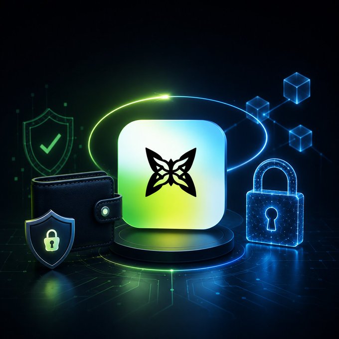 A 3D digital illustration showing a glowing app icon with a butterfly logo surrounded by security symbols including a green shield with checkmark, a black wallet, a blue padlock, and floating blockchain cubes.