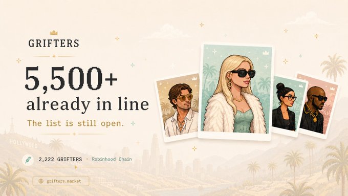 A promotional graphic for 'GRIFTERS' on Robinhood Chain, advertising that 5,500+ people are already in line, with character portrait cards and a Hollywood background.