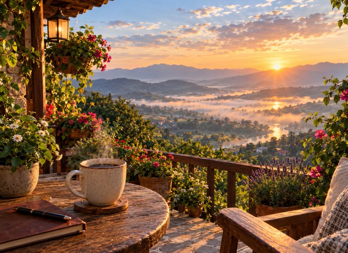 A scenic view from a wooden balcony shows a steaming coffee mug on a table beside a notebook and pen, with potted flowers framing a stunning sunrise over a misty valley and distant mountains.