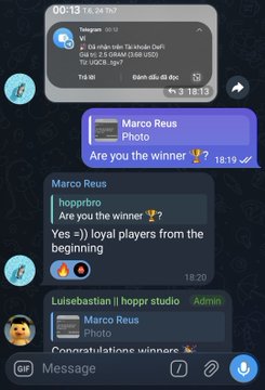 A Telegram chat screenshot showing a weather widget for Taipei at 00:13 (24.7°C), along with messages from users Marco Reus and hopprro discussing a winner announcement.