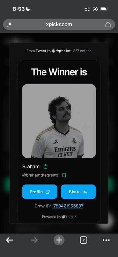 A screenshot from xpickr.com shows a Twitter giveaway winner announcement for 'Braham' (@brahamthegreat1), featuring a photo of a person in a Real Madrid 'Emirates FLY BETTER' jersey.