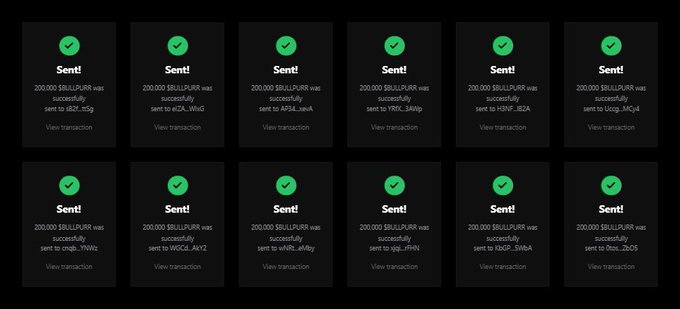 The image displays 12 transaction confirmation panels showing successful sends of 200,000 $BULLPURR tokens to various Solana wallet addresses (e.g., u8ZY_m5G, uIZA_WnQ, AFSA_sevk), each marked with a green checkmark. This serves as proof of distribution, demonstrating that the giveaway claim instructions have been fulfilled and rewards sent to participants' Solana addresses.