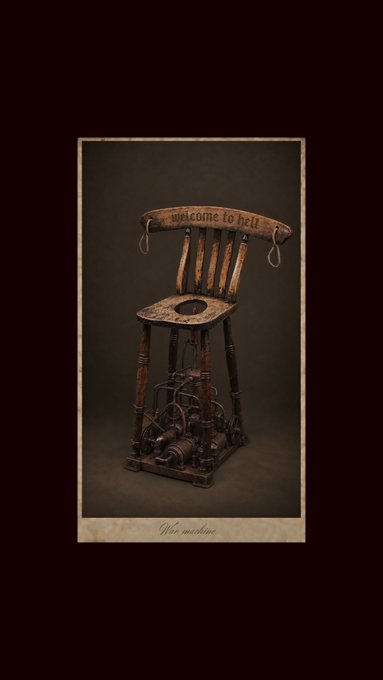 An artistic photograph of a wooden chair labeled 'welcome to hell' carved into the top rail, with a seat featuring a hole and barbed wire wrapped around its base, captioned 'War machine'.