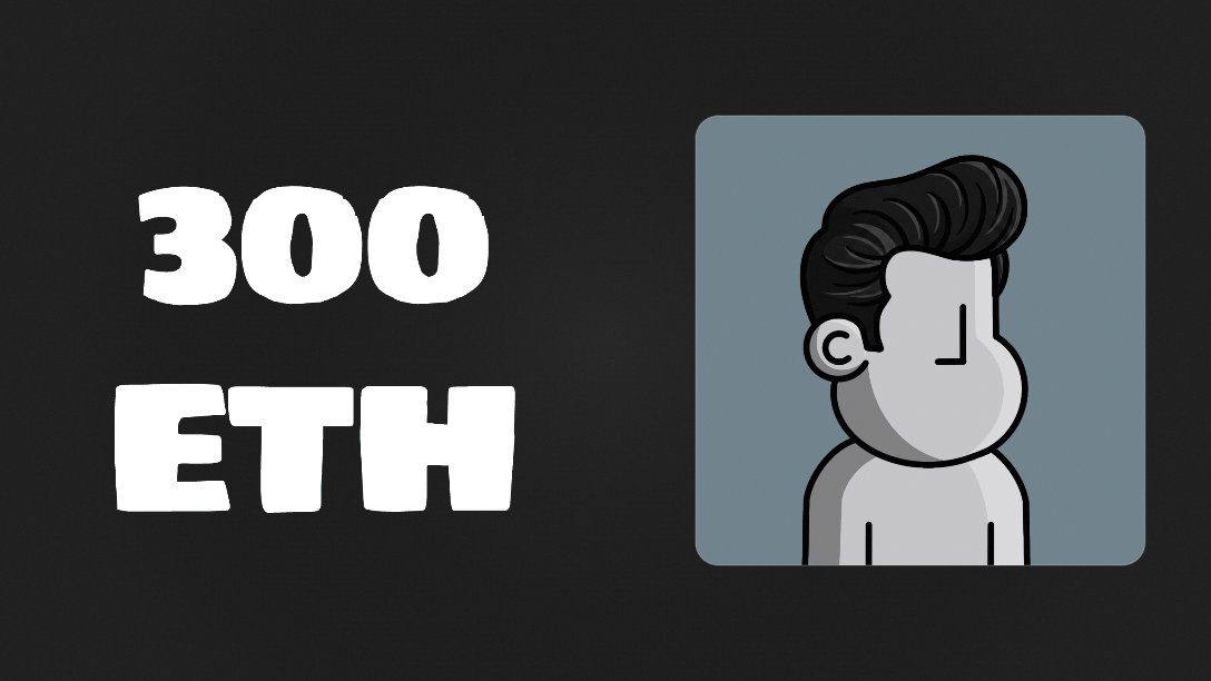 An image of a man with black hair wearing glasses, positioned against a gray background. A caption underneath reads "300ETH trade for a collection that does nothing", followed by an explanation of what this means, which indicates that the 300ETH is being used to obtain something valuable without actually doing anything useful or productive, as it was created for nothing in particular.