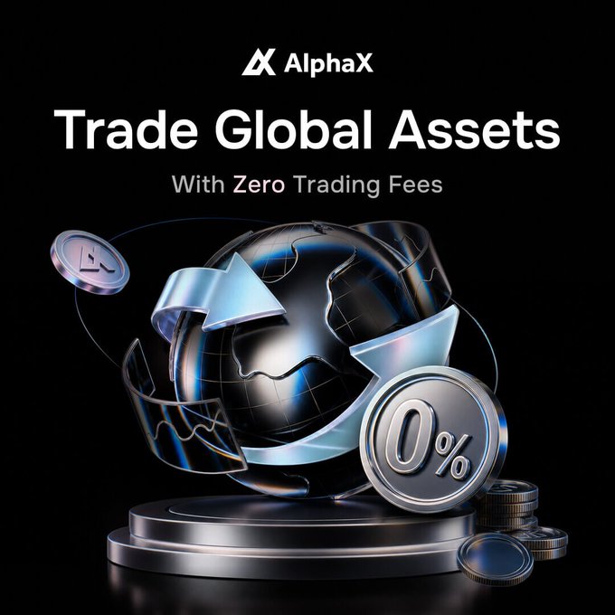 A dark promotional graphic for "AlphaX" advertises "Trade Global Assets With Zero Trading Fees", featuring a shattered metallic globe with an arrow and a large coin marked "0%".