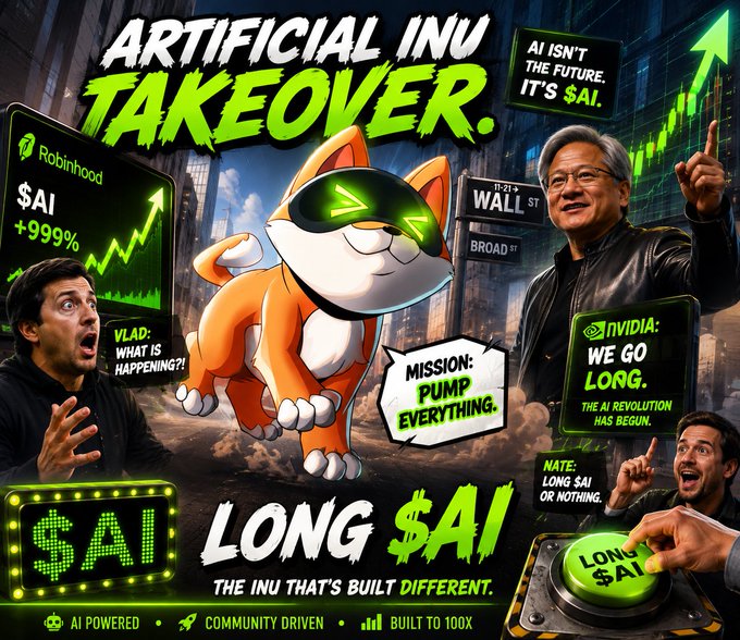 A promotional graphic titled 'ARTIFICIAL INU TAKEOVER' featuring a cartoon Shiba Inu dog wearing green sunglasses, alongside images of Jensen Huang (NVIDIA) and other people. Text includes 'LONG $AI', 'MISSION: PUMP EVERYTHING', 'AI POWERED', 'COMMUNITY DRIVEN', and 'BUILT TO 100X'.