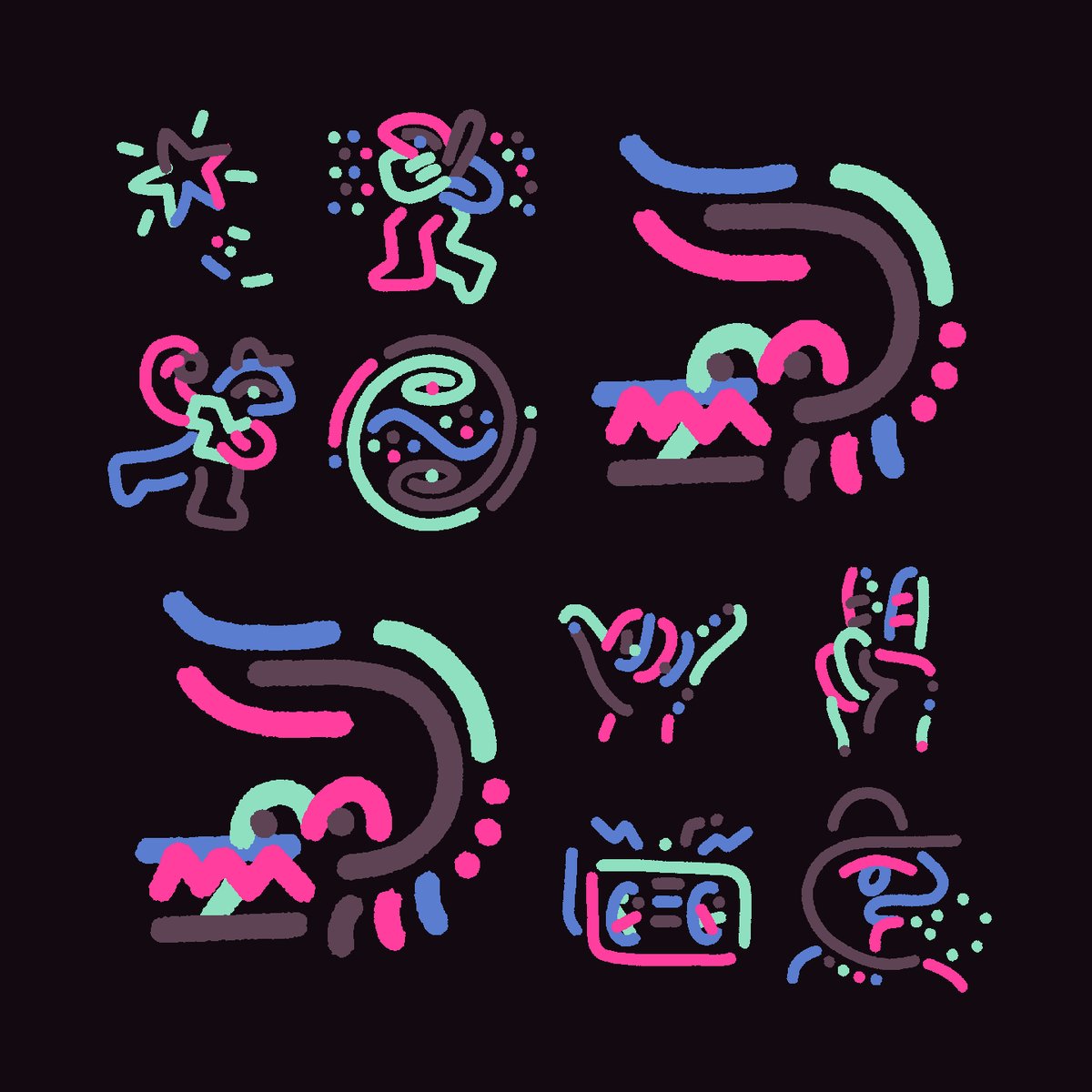 The image features a collection of 12 different cartoon-style illustrations, each showcasing unique characters or designs against a black background. The illustrations are arranged in four rows with three illustrations per row. These illustrations include various elements such as people, animals, and objects like stars, hearts, and other symbols. The post appears to be about celebrating the weekend with a fun and creative vibe, as indicated by the use of cartoon-style illustrations that evoke a sense of joy and playfulness.