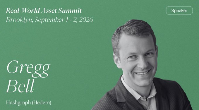 A promotional banner for the 'Real-World Asset Summit' in Brooklyn, September 1-2, 2026, featuring speaker 'Gregg Bell' from Hashgraph (Hedera).