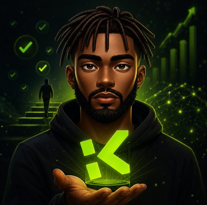 Digital illustration of a man with dreadlocks holding a glowing green 'K' like a logo, with a bar chart and checkmarks in the background; the letter K appears to represent the Kalshi logo.