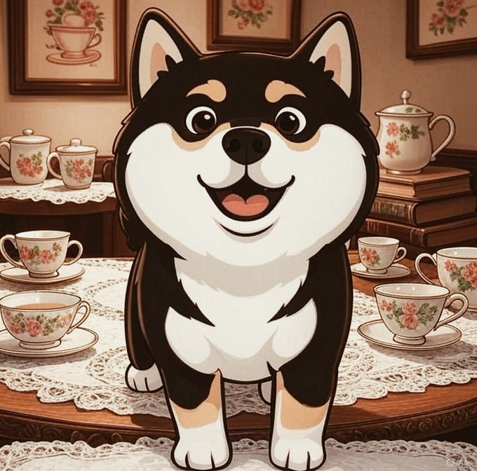 A cartoon illustration of a smiling black and white Shiba Inu dog sitting on a table covered with a lace tablecloth, surrounded by floral teacups and a teapot in a vintage setting.