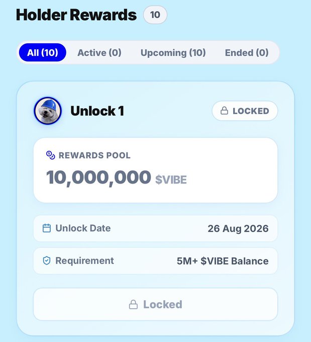 A 'Holder Rewards' interface showing 'Unlock 1' locked with a rewards pool of 10,000,000 $VIBE, unlock date of 26 Aug 2026, and requirement of 5M+ $VIBE Balance.