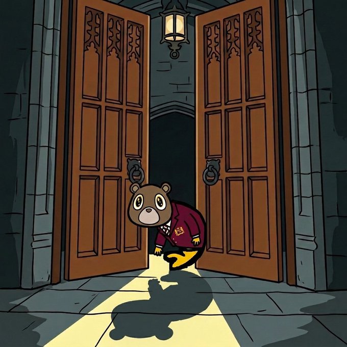 A cartoon illustration of a brown bear character wearing a maroon blazer with an 'HB' monogram, peeking through large ornate wooden doors with a lantern overhead.