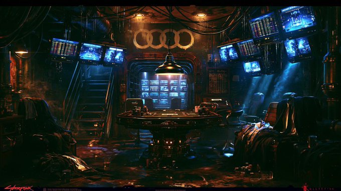 A dark, cyberpunk-style interior is illuminated by numerous blue glowing monitors and a central hanging lamp over a circular table, with 'CYBERPUNK' text visible at the bottom.