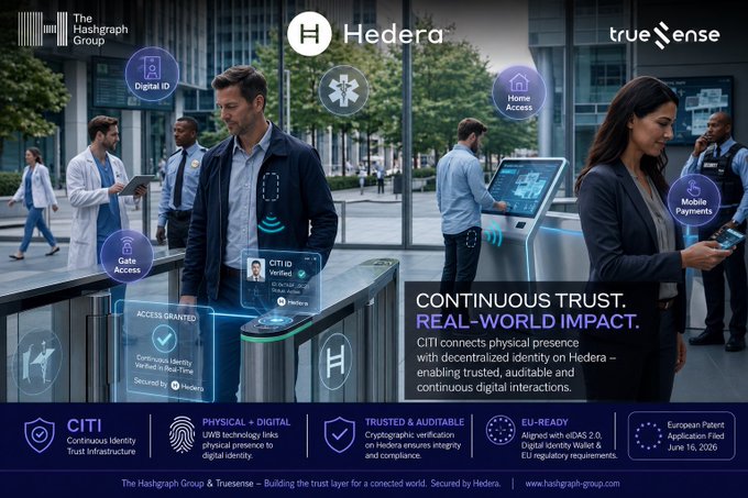 The image is a promotional graphic from The Hashgraph Group and Truesense featuring the Hedera logo, illustrating their "Continuous Identity Trust Infrastructure" (CITI) concept. It depicts people in various real-world scenarios using digital IDs, gate access, mobile payments, and home access, with text highlighting that CITI connects physical presence with decentralized identity on Hedera and is aligned with eIDAS 2.0. The bottom notes a European Patent Application filed on June 16, 2026, by The Hashgraph Group and Truesense.