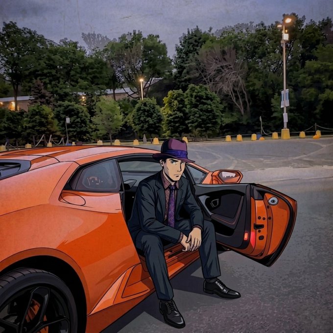 An anime-style illustration shows a man in a dark suit and purple fedora sitting on the open door of an orange sports car in a parking lot at dusk. The post "GM friends, happy new month" suggests a casual, stylish greeting for a new month, with the image conveying a cool, relaxed vibe fitting for the friendly message.