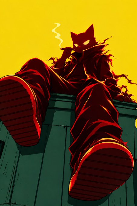 Stylized illustration of a cat-headed figure in a red jacket smoking a cigar, sitting on a rooftop ledge against a yellow sky.