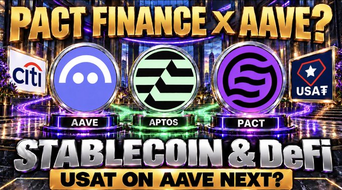 A colorful crypto-themed thumbnail asks “PACT FINANCE x AAVE?” and features AAVE, Aptos, PACT, Citi, and USAT branding with the text “STABLECOIN & DeFi” and “USAT ON AAVE NEXT?”