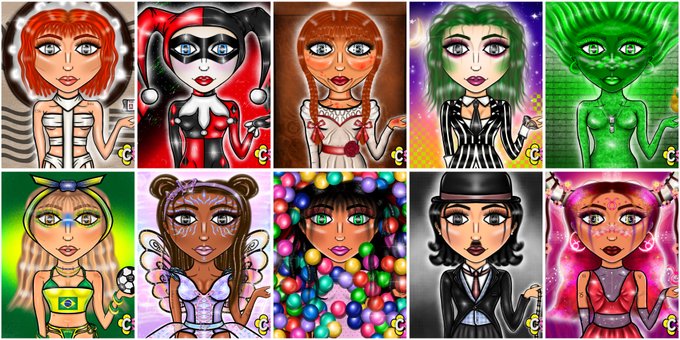 A grid of ten cartoon avatars in various costumes including a zombie, Harley Quinn, and alien, likely character customization options from a game.