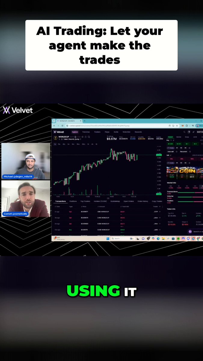 The image shows a screenshot of an account from VelvetTrader, which displays their logo along with the text: "AI Trading;Let your agent make the trades". It also includes two guys participating in an online session called "using it". The background is black and white, and there are three different stock price indicators displayed on the screen.