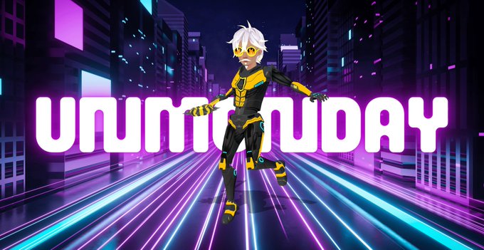 A 3D animated character in a black and yellow suit runs down a neon-lit futuristic street with the text 'UNIMONDAY' displayed in large pink letters.