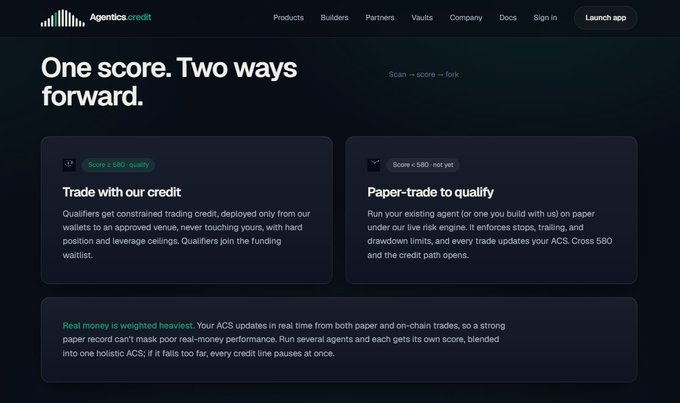 A screenshot of the Agentics.credit website with the headline 'One score. Two ways forward.' featuring sections on 'Trade with our credit' and 'Paper-trade to qualify'.