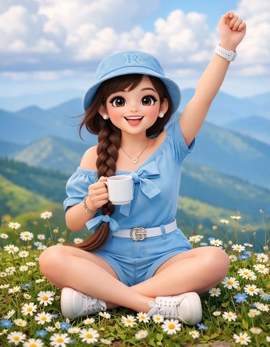 A cheerful cartoon-style girl in a light blue outfit with an "R" cap sits cross-legged in a field of daisies, holding a coffee mug with her fist raised triumphantly, embodying the upbeat "Still bullish" sentiment of the post.

Key visible text: "R" (on the cap) and a "G" belt buckle logo.