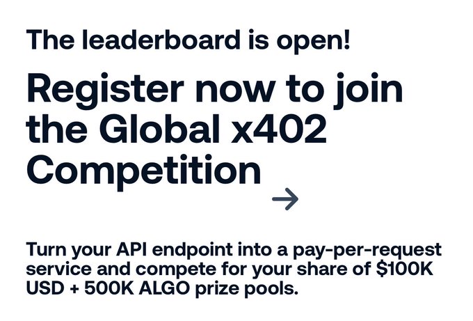 A promotional text graphic announcing 'The leaderboard is open! Register now to join the Global x402 Competition' for turning API endpoints into pay-per-request services, competing for $100K USD + 500K ALGO prize pools.