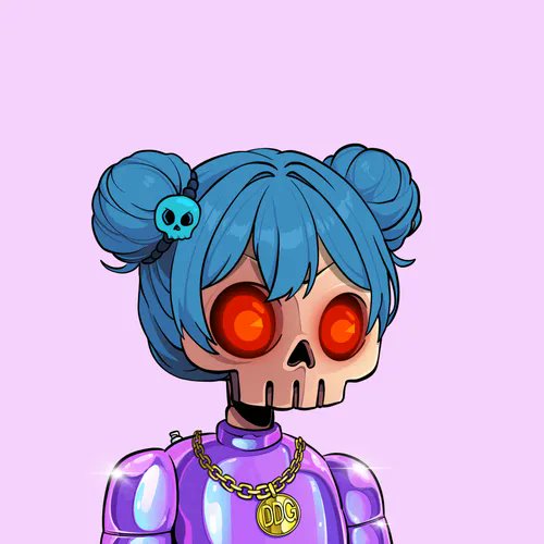 A digital illustration of a character with a skull face, glowing red eyes, and blue hair in buns wearing a metallic purple outfit, a skull hair clip, and a gold chain with 'DDG' pendant.