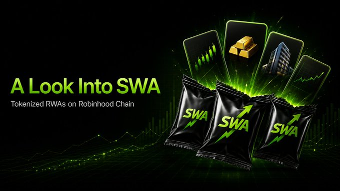 A promotional graphic titled 'A Look Into SWA - Tokenized RWAs on Robinhood Chain' featuring black packets with green 'SWA' logos alongside icons of gold bars, a building, and stock charts.