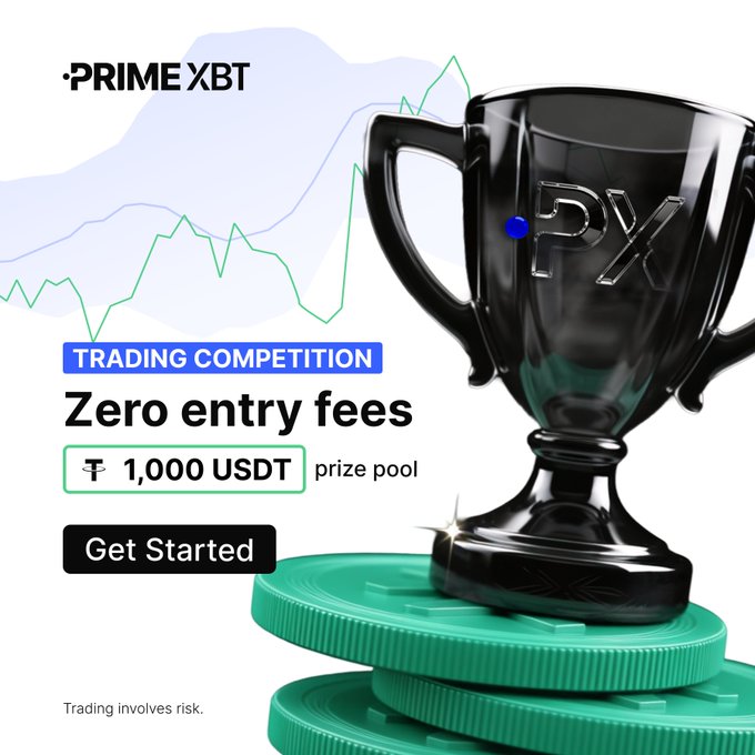 A promotional graphic for "PRIME XBT" featuring a black trophy on green coins, advertising a "TRADING COMPETITION" with zero entry fees and a 1,000 USDT prize pool.