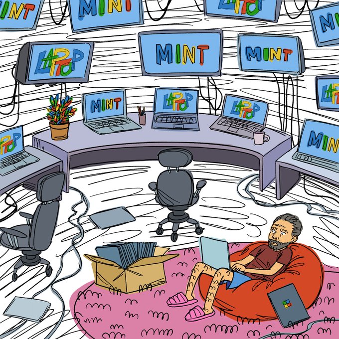A man lounges on a beanbag chair using a laptop in a room filled with screens displaying "MINT" and "LAPTOP," illustrating the limited 1,000-supply laptop NFT mint taking place at 18:00 UTC on OpenSea. The scene captures the casual yet eager anticipation as only 100 guaranteed spots remain before the checker goes live.