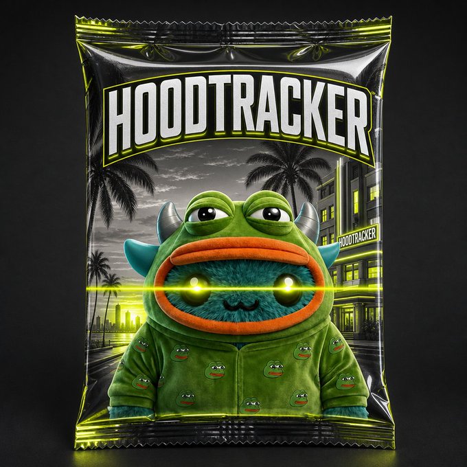 A glossy black and yellow package labeled 'HOOOTRACKER' features a cartoon monster character in a green frog-patterned hoodie with glowing eyes, set against a background of palm trees and city buildings.
