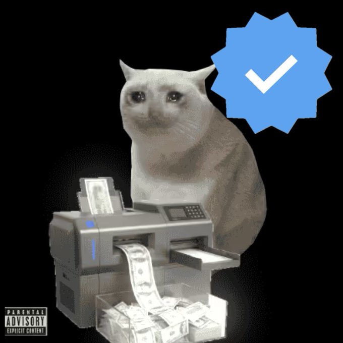 A melancholy-looking white cat sits behind a money printer producing stacks of cash, overlaid with a blue verified checkmark badge and a "Parental Advisory Explicit Content" label, visually representing the "certified" acknowledgment mentioned in the tweet thanking @opensea.