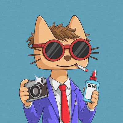 An illustration of an anthropomorphic cat wearing red sunglasses, a blue suit with a red tie, holding a camera in one hand and a bottle of glue with a cigarette in its mouth, set against a blue background.
