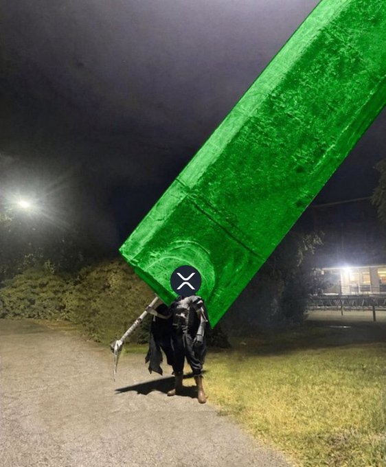 A figure in dark clothing and a sword stands beneath a massive, oversized green rectangular prism resembling a tower or bar, with a stylized 'X' logo overlay.