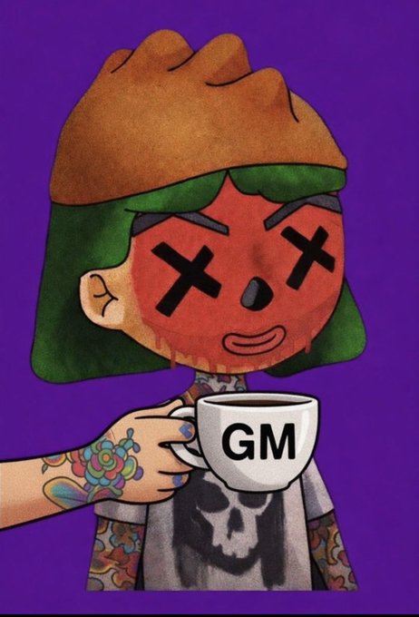 An illustration of a cartoon character with X-shaped eyes, a brown hat, and green hair holding a white coffee mug labeled 'GM'.