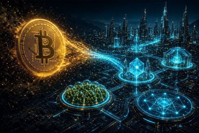 A digital art piece showing a large golden Bitcoin coin emitting a stream of light toward a futuristic cityscape built on a circuit board with glowing blue nodes and crystalline structures.