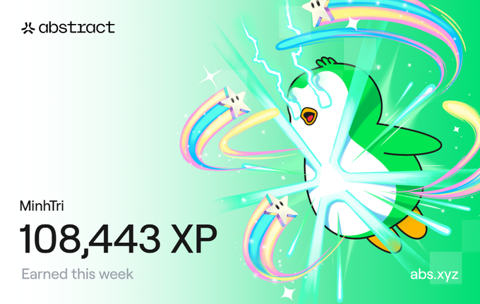 An Abstract XP earnings card showing '108,443 XP Earned this week' for user MinhTri, featuring a green and white cartoon penguin character surrounded by colorful swirls.