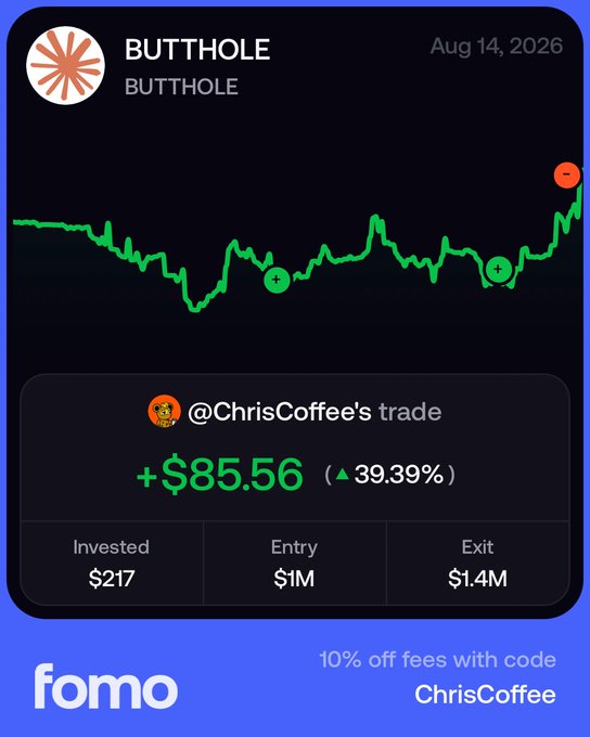 A promotional graphic for "fomo" shows a BUTTHOLE token price chart dated Aug 14, 2026, highlighting @ChrisCoffee's trade with +$85.56 profit (39.39%) on a $217 investment, offering 10% off fees with code ChrisCoffee.