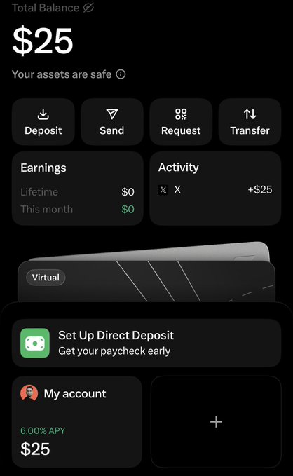 A digital banking app interface displays a Total Balance of $25, with options for Deposit, Send, Request, and Transfer, along with a Virtual card and Set Up Direct Deposit prompt.