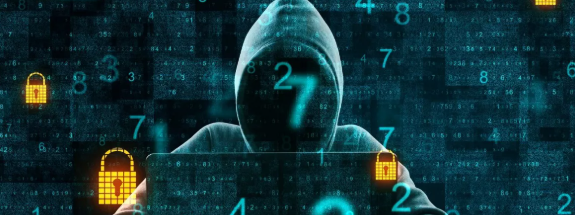 An illustration of a hooded hacker silhouette against a dark teal background filled with numbers and glowing padlock icons, representing cybersecurity or hacking.