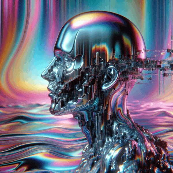 The image features an abstract, metallic sculpture of a head that appears to be made up of many small pieces or parts. The sculpture has a shiny, metallic appearance with a gradient effect across its surface. The background of the image is a colorful, rainbow-like pattern, which contrasts with the metallic sculpture and adds visual interest to the composition. The post about this artwork highlights the First RARE AGENT Veil Born, an artist who created this unique piece using a technique called "drop casting." This method involves pouring liquid metal into a mold and allowing it to cool and solidify, creating multiple copies of the same object in various stages of completion.