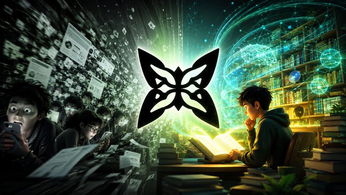 A butterfly logo glows at the center between a chaotic left side filled with scattered papers and distracted phone-scrolling figures, and a serene right side showing a person reading intently in a warm library. The split scene visually echoes the post's message about how @quipnetwork reveals deeper value the more context you add, contrasting rushed surface consumption with thoughtful deep reading.